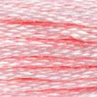 A close-up view of embroidery thread skeins, held taught horizontally. The shade is a light soft pink, like a baby pink but a bit brighter