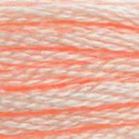 A close-up view of embroidery thread skeins, held taught horizontally. The shade is a light pink that leans towards orange just a bit, like a peach ice cream float