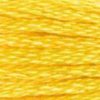 A close-up view of embroidery thread skeins, held taught horizontally. The shade is a medium yellow that is bright but not too intense, like a singing spring canary.