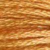 A close-up view of embroidery thread skeins, held taught horizontally. The shade is a medium light brown with a golden touch, like brown sugar