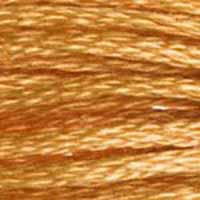 A close-up view of embroidery thread skeins, held taught horizontally. The shade is a medium light brown with a golden touch, like brown sugar