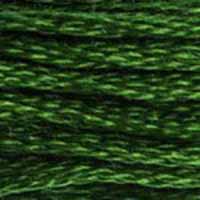 A close-up view of embroidery thread skeins, held taught horizontally. The shade is a dark pure green, like an under-ripe avocado