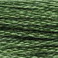 A close-up view of embroidery thread skeins, held taught horizontally. The shade is a medium dark pure green, like fresh pine needles.