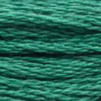 A close-up view of embroidery thread skeins, held taught horizontally. The shade is a medium dark bluish green, like a grass in a forest.