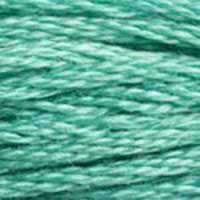 A close-up view of embroidery thread skeins, held taught horizontally. The shade is a medium bluish green, like the ocean under summer sun