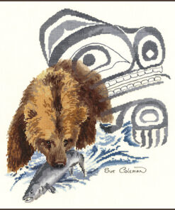 A grizzly bear stands in a rushing river, pulling out a salmon with his jaws. A bear in native line-art style rears behind him,
