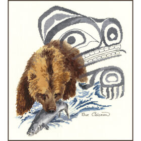 A grizzly bear stands in a rushing river, pulling out a salmon with his jaws. A bear in native line-art style rears behind him,
