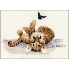 A spotted brown cougar kitten with striking blue eyes lolls on its back, batting at a black and white butterfly