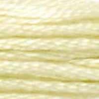 A close-up view of embroidery thread skeins, held taught horizontally. The shade is a subtle shade of yellowish green, like mango ice cream.
