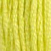 A close-up view of embroidery thread skeins, held taught horizontally. The shade is a pretty shade of yellow-green, like a red plum's flesh.