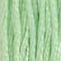 A close-up view of embroidery thread skeins, held taught vertically. The shade is a light meadow green