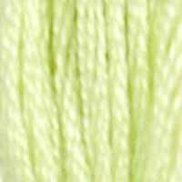 A close-up view of embroidery thread skeins, held taught vertically. The shade is a pale yellow
