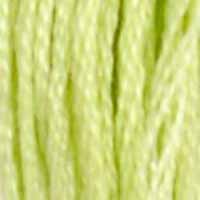 A close-up view of embroidery thread skeins, held taught vertically. The shade is a pale yellow-green