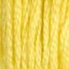 A close-up view of embroidery thread skeins, held taught vertically. The shade is a bright sunny yellow