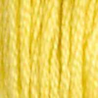 A close-up view of embroidery thread skeins, held taught vertically. The shade is a bright sunny yellow