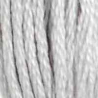 A close-up view of embroidery thread skeins, held taught vertically. The shade is a grey that's almost white