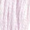 A close-up view of embroidery thread skeins, held taught vertically. The shade is a very pale purple-white like snow covered thistle