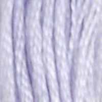 A close-up view of embroidery thread skeins, held taught horizontally. The shade is a lavender so light, it's almost white