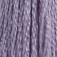 A close-up view of embroidery thread skeins, held taught horizontally. The shade is a light violet-grey