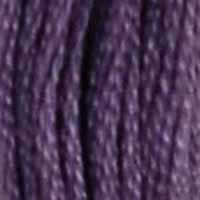 A close-up view of embroidery thread skeins, held taught horizontally. The shade is a dark, dusty purple