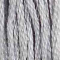 A close-up view of embroidery thread skeins, held taught vertically. The shade is a light white-grey