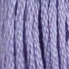 A close-up view of embroidery thread skeins, held taught horizontally. The shade is a light purple