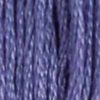 A close-up view of embroidery thread skeins, held taught horizontally. The shade is a light blue-purple
