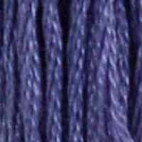 A close-up view of embroidery thread skeins, held taught horizontally. The shade is a medium blue