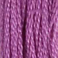 A close-up view of embroidery thread skeins, held taught horizontally. The shade is a light purple