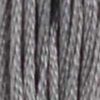 A close-up view of embroidery thread skeins, held taught vertically. The shade is a medium grey