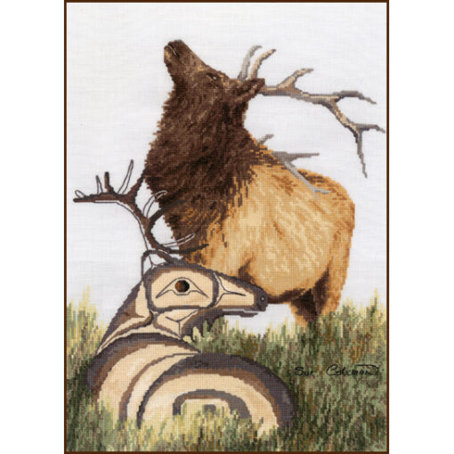 A brown elk rears its head in a meadow. It stands over a brown and cream Native-styled line-art deer laying down
