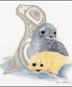 A mother harp seal and her fluffy white pup lay on a snowbank. A silver Native-styled line-art of a seal watches over them.