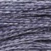 A close-up view of embroidery thread skeins, held taught horizontally. The shade is a medium dark grey shade with overtones of blue, like fine-honed iron.