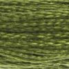 A close-up view of embroidery thread skeins, held taught horizontally. The shade is a medium dark green, one of the most commonly used colours, like a forest of kelp.