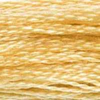 A close-up view of embroidery thread skeins, held taught horizontally. The shade is a medium light yellow-tan, one of the most used colours, like a daffodil in summer