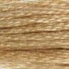 A close-up view of embroidery thread skeins, held taught horizontally. The shade is a pretty light tan brown, like a bowl of brown-sugared oatmeal