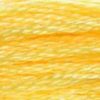 A close-up view of embroidery thread skeins, held taught horizontally. The shade is a lovely true  light yellow, like a dandelion in full sun