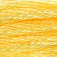 A close-up view of embroidery thread skeins, held taught horizontally. The shade is a lovely true  light yellow, like a dandelion in full sun