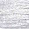 A close-up view of embroidery thread skeins, held taught horizontally. The shade is a very light grey with slightly bluish or purplish undertones, like snow under sunset