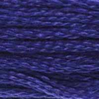 A close-up view of embroidery thread skeins, held taught horizontally. The shade is a beautiful medium dark blue, like the head of a peacock