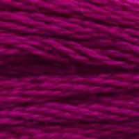 A close-up view of embroidery thread skeins, held taught horizontally. The shade is a pretty medium dark pinkish purple, like a Caesar's cloak
