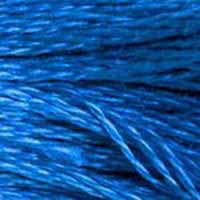 A close-up view of embroidery thread skeins, held taught horizontally. The shade is a medium brilliant blue. One of my personal favourites!