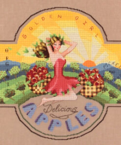 In a style like an old-school pin-up ad, with the text "Golden Girl", "Organic", "Delicious Apples" at the top, side and bottom of the ad. In front of a sun-rise apple orchard, a slim woman with a short red dress, bare feet, and blonde hair poses with her arms behind her back between two apple bushels.