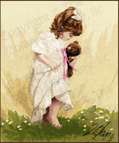 A brown-haired barefoot child tiptoes gingerly in a meadow. She carries a teddy and wears a frilly white dress and hair bow.