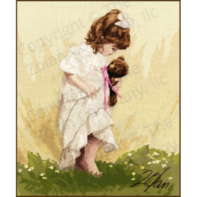 A brown-haired barefoot child tiptoes gingerly in a meadow. She carries a teddy and wears a frilly white dress and hair bow.