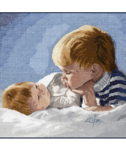 Two blond children lay on white sheets, a toddler and infant, gazing at each other. The older boy props his head on one hand.