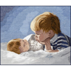 Two blond children lay on white sheets, a toddler and infant, gazing at each other. The older boy props his head on one hand.