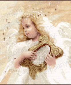 A cherubic blond girl with a gold harp. She has a full flowing white dress, a halo of tiny stars, pale wings barely visible.