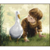 A brown-haired boy in tan clothes crawls towards the viewer on hands and knees. He looks curiously at a white duck beside him