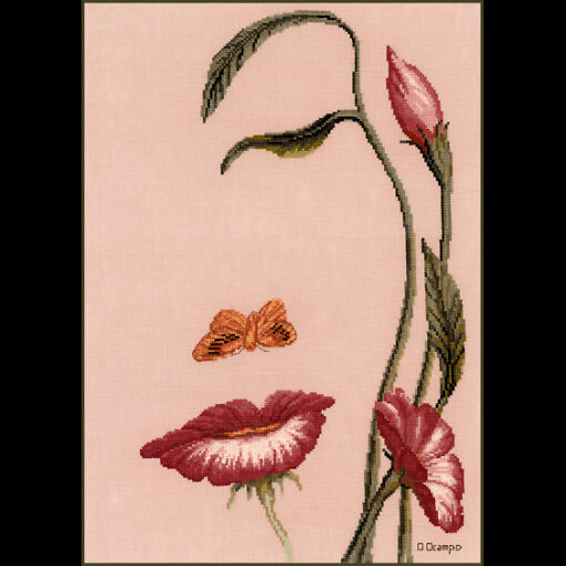 A small cluster of leaves and pink flowers about to be alighted on by an orange butterfly. They are arranged to form an optical illusion where the leaves are the eyebrow and closed eye of a woman, the nose is a butterfly, and the largest flower is the lips.